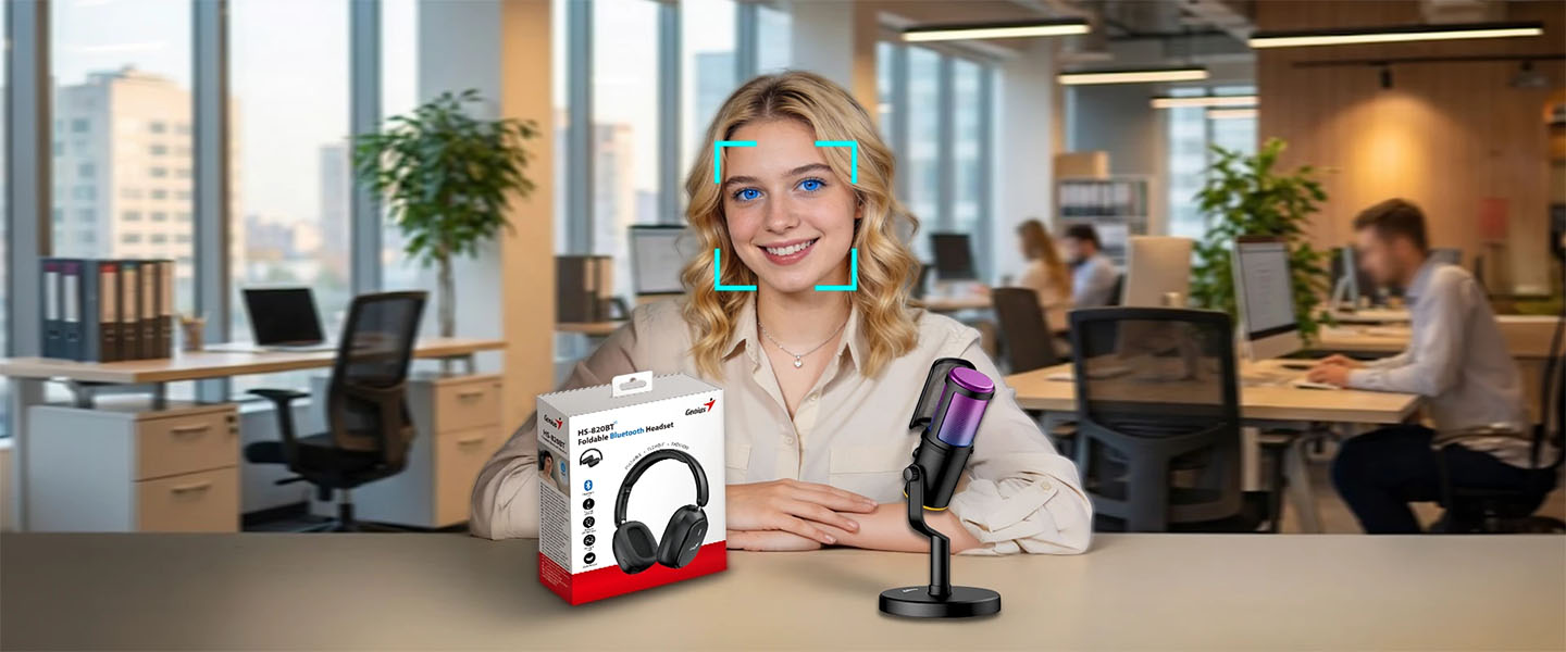 Persona frente a una cámara con recuadro de autoenfoque en el rostro, micrófono y caja de auriculares Genius sobre el escritorio