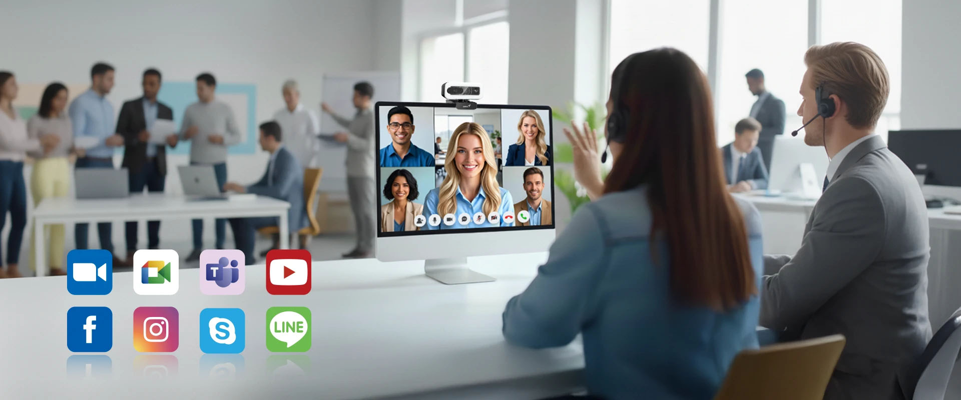 Webcam Genius FaceCam LIGHT sobre un monitor durante una videollamada, con íconos de aplicaciones de comunicación y redes sociales
