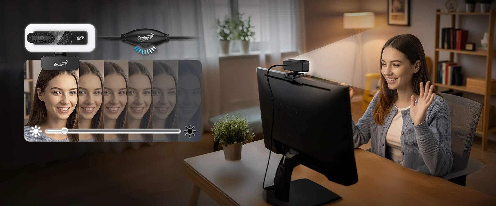 Webcam Genius FaceCam LIGHT con luz LED ajustable montada sobre un monitor durante una videollamada en casa