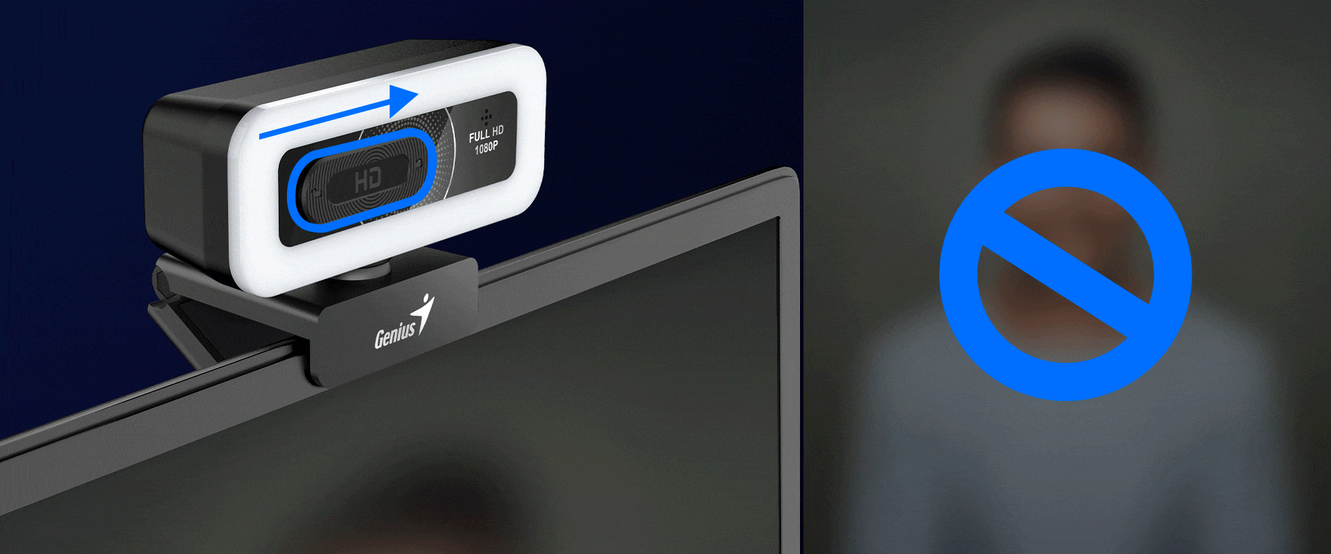 Webcam Genius FaceCam LIGHT con cubierta de privacidad deslizante montada sobre un monitor