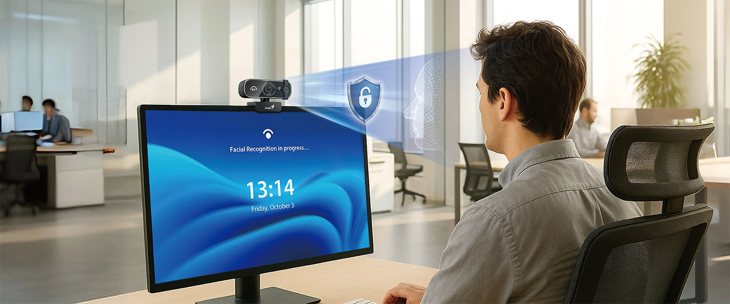 Webcam Genius FaceCam Open sobre un monitor realizando reconocimiento facial para inicio de sesión seguro