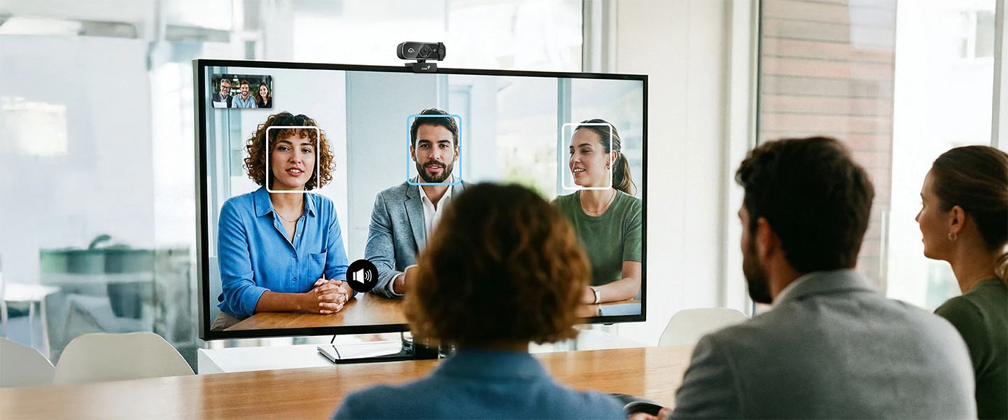 Webcam Genius FaceCam Open sobre un monitor durante una videollamada grupal con detección de rostros en pantalla