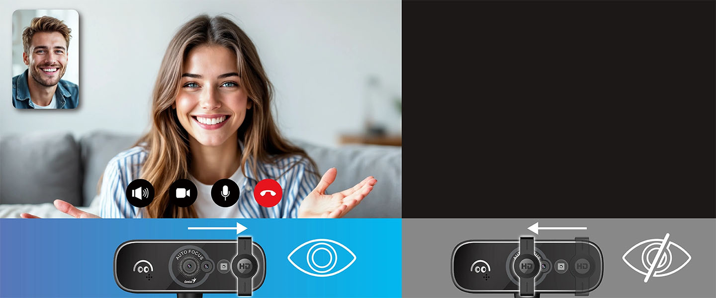 Webcam Genius FaceCam Open con cubierta de privacidad deslizante mostrando la cámara habilitada y bloqueada