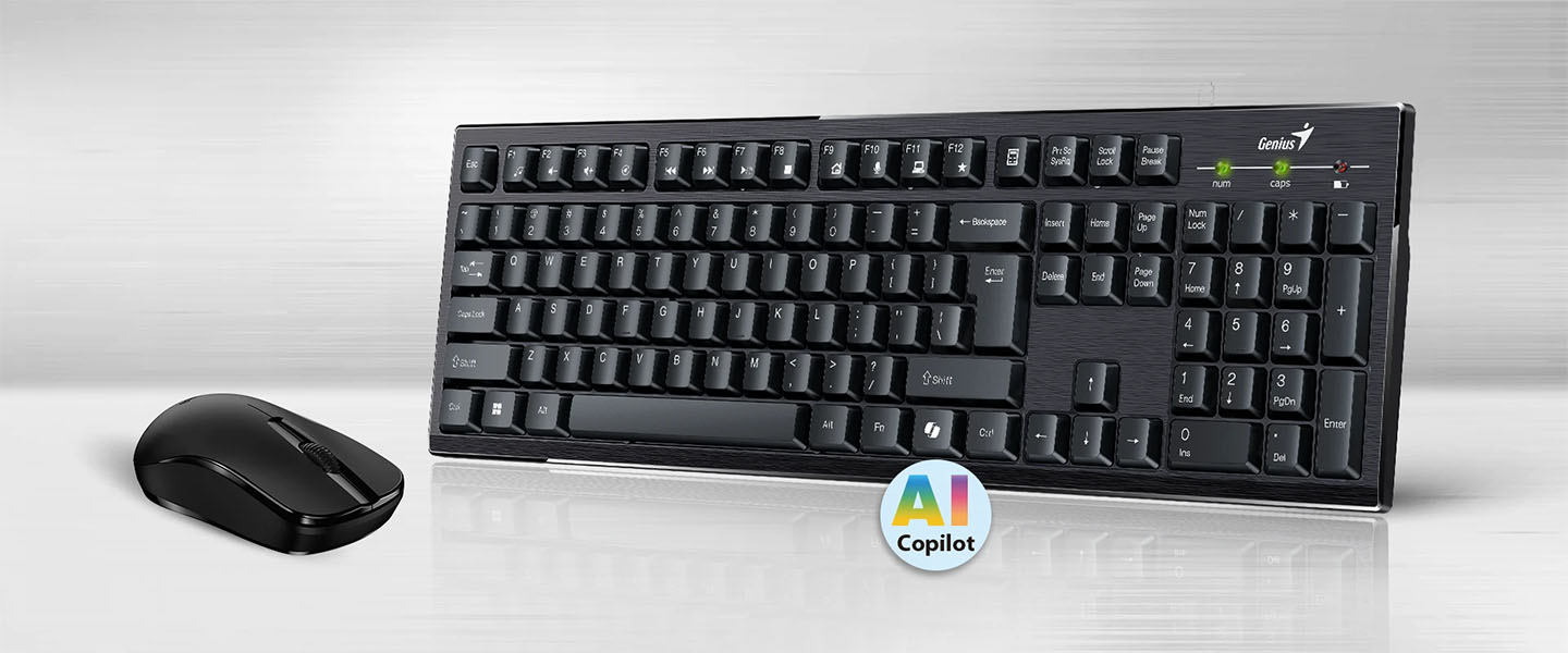 Combo inalámbrico Genius KM-8101 con teclado completo, mouse negro y tecla AI Copilot