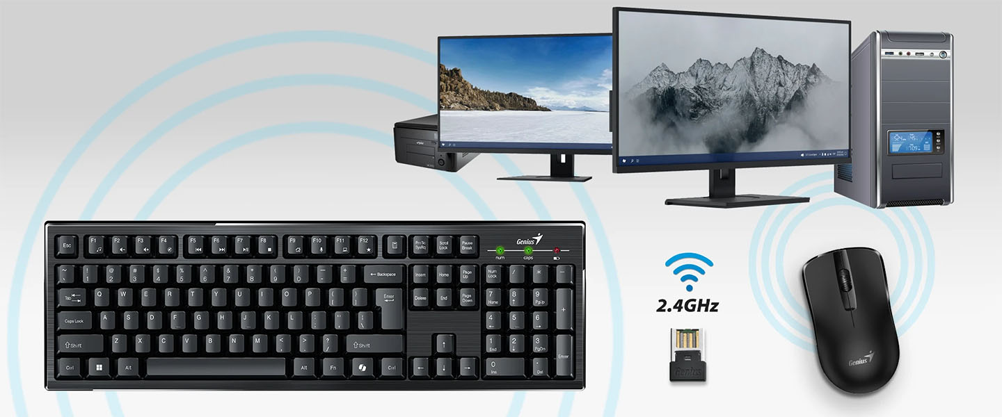 Combo inalámbrico Genius KM-8101 con teclado completo, mouse y receptor USB 2.4GHz conectado a múltiples dispositivos
