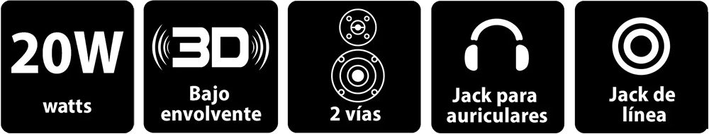 Íconos blancos sobre fondo negro que destacan las características principales de los parlantes Bluetooth® Genius SP-HF520BT: 20W de potencia, bajo envolvente 3D, sistema de 2 vías, jack para auriculares y jack de línea
