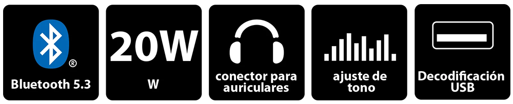 Íconos blancos sobre fondo negro que destacan las características principales de los Parlantes Bluetooth® Genius SP-HF800BT: Bluetooth 5.3, potencia de 20W, conector para auriculares, ajuste de tono y decodificación USB