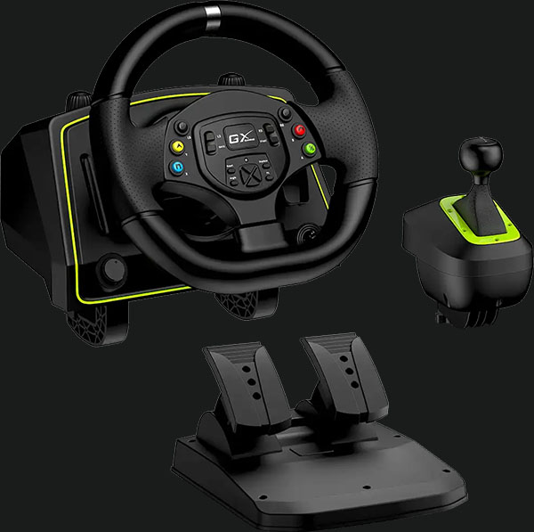 Volante de carreras Genius SpeedMaster X2 con palanca de cambios y pedales de dos ejes. El volante, negro con detalles en verde lima, tiene botones de control en el centro. El conjunto está sobre un fondo oscuro.