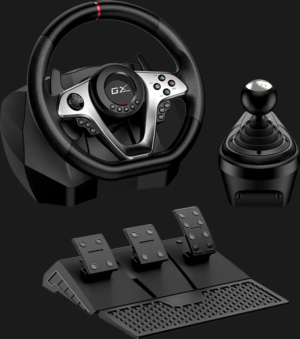Volante de carreras Genius SpeedMaster X1 con pedalera de tres pedales y palanca de cambios manual