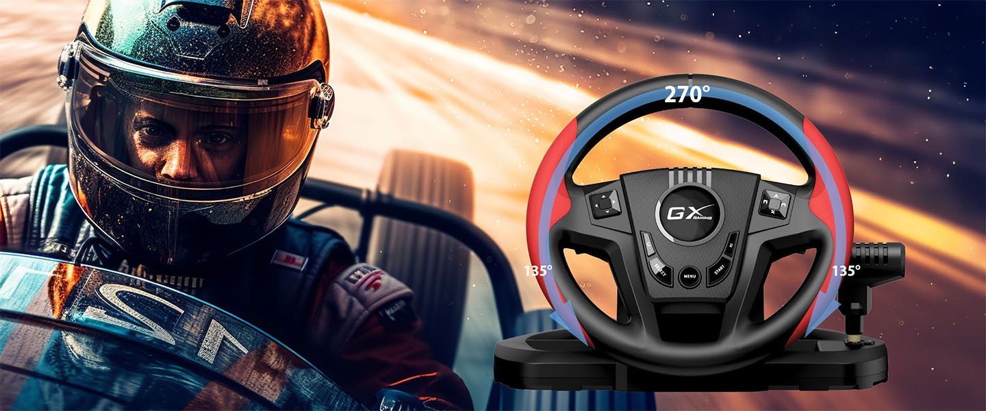 Imagen promocional con un corredor de carreras con casco en primer plano a la izquierda y el volante Genius SpeedMaster a la derecha. Flechas azules y rojas sobre el volante indican una rotación de 270 grados, con 135 grados de giro hacia la izquierda y 135 grados de giro hacia la derecha.