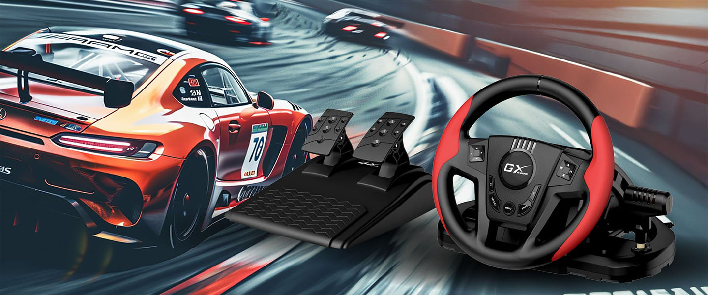 El volante Genius SpeedMaster y la unidad de pedales colocados en primer plano a la derecha, superpuestos a la imagen de un auto de carreras Mercedes-AMG GT con el número 70 en una pista.