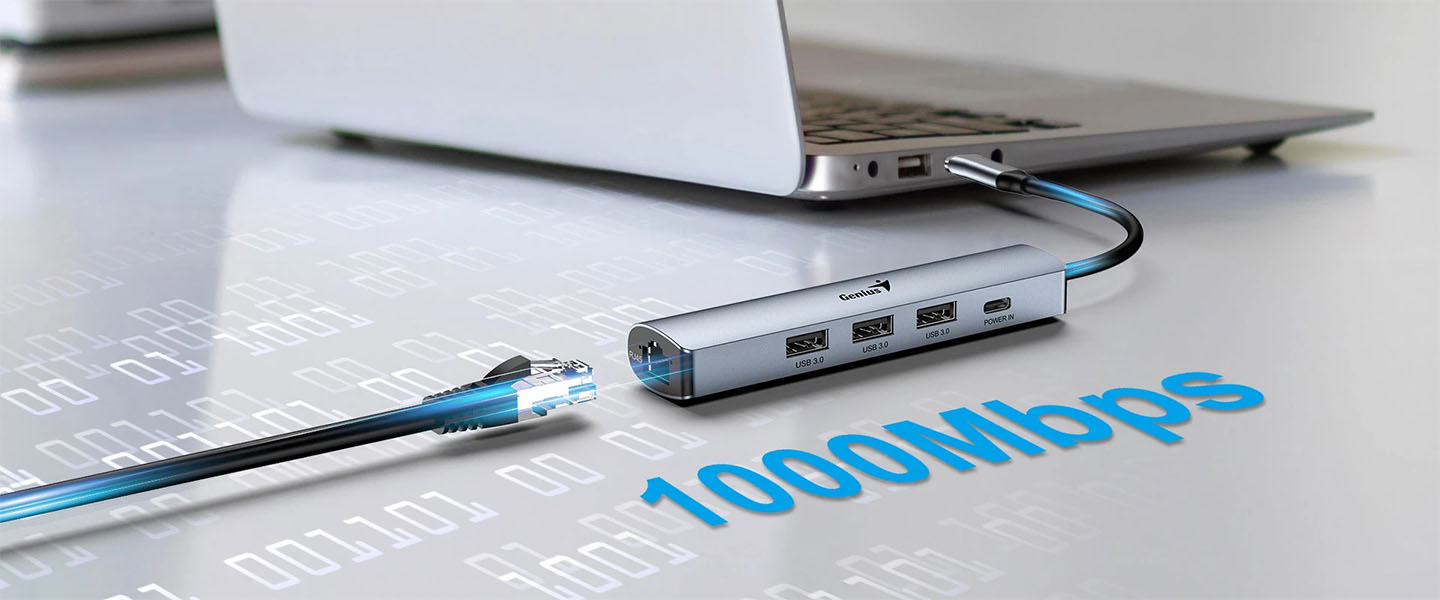 Hub Genius UH-545 conectado a una notebook con cable Ethernet RJ45 y velocidad de red de 1000Mbps