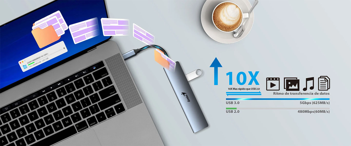 Hub Genius UH-545 conectado a una notebook con transferencia de datos USB 3.0 hasta 10 veces más rápida que USB 2.0