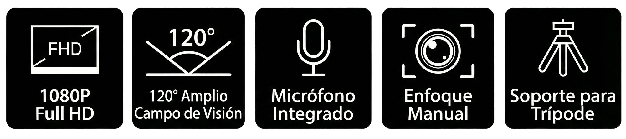 Cinco íconos de características del producto: Full HD 1080P, campo de visión amplio de 120°, micrófono incorporado, enfoque manual y soporte para trípode.