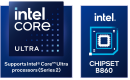 Logos de Intel Core Ultra y chipset Intel B860, con texto que indica compatibilidad con procesadores Intel Core Ultra de 2.ª generación.