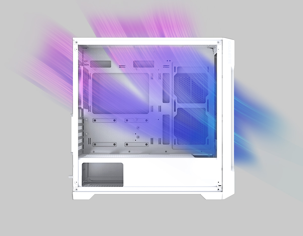 Gabinete GIGABYTE C102 GLASS ICE, con panel lateral de vidrio templado mostrando un flujo de aire simulado en colores violeta y azul que entra desde el frente y sale por la parte trasera y superior.