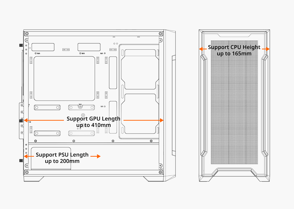 Diagrama técnico del Gabinete GIGABYTE C102 GLASS ICE indicando compatibilidad con GPU de hasta 410 mm, PSU de hasta 200 mm y disipador de CPU de hasta 165 mm de altura.