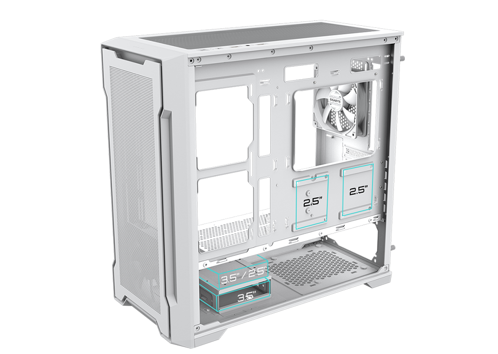 Vista interior del gabinete GIGABYTE C102 GLASS ICE mostrando las bahías para unidades de almacenamiento: dos de 2.5 pulgadas en el panel interior y un compartimento en la base para dos unidades de 3.5 pulgadas o una de 3.5 pulgadas y una de 2.5 pulgadas.