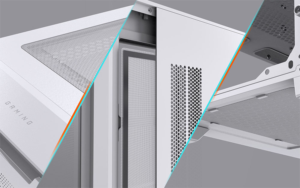 Tres vistas detalladas del Gabinete GIGABYTE C102 GLASS ICE destacando los filtros de polvo removibles en la parte superior, lateral derecho e inferior del chasis.