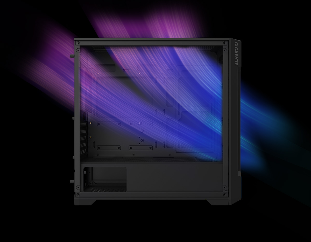 Gabinete Gigabyte C102 GLASS, de color negro, con panel lateral de vidrio templado mostrando un flujo de aire simulado en colores violeta y azul que entra desde el frente y sale por la parte trasera y superior.