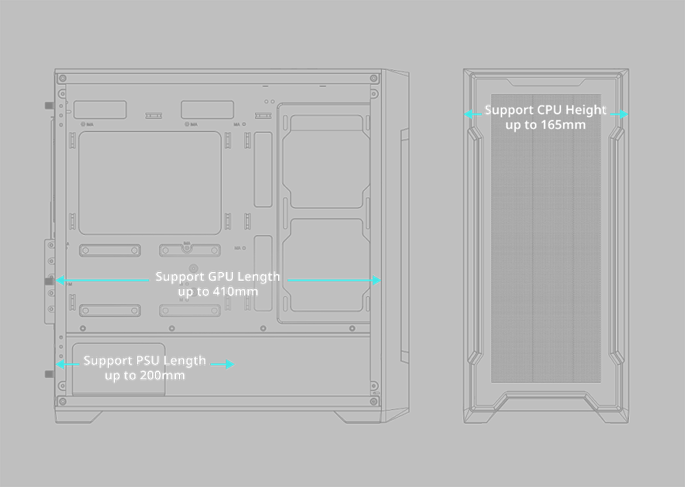 Diagrama técnico del Gabinete Gigabyte C102 GLASS indicando compatibilidad con GPU de hasta 410 mm, PSU de hasta 200 mm y disipador de CPU de hasta 165 mm de altura.