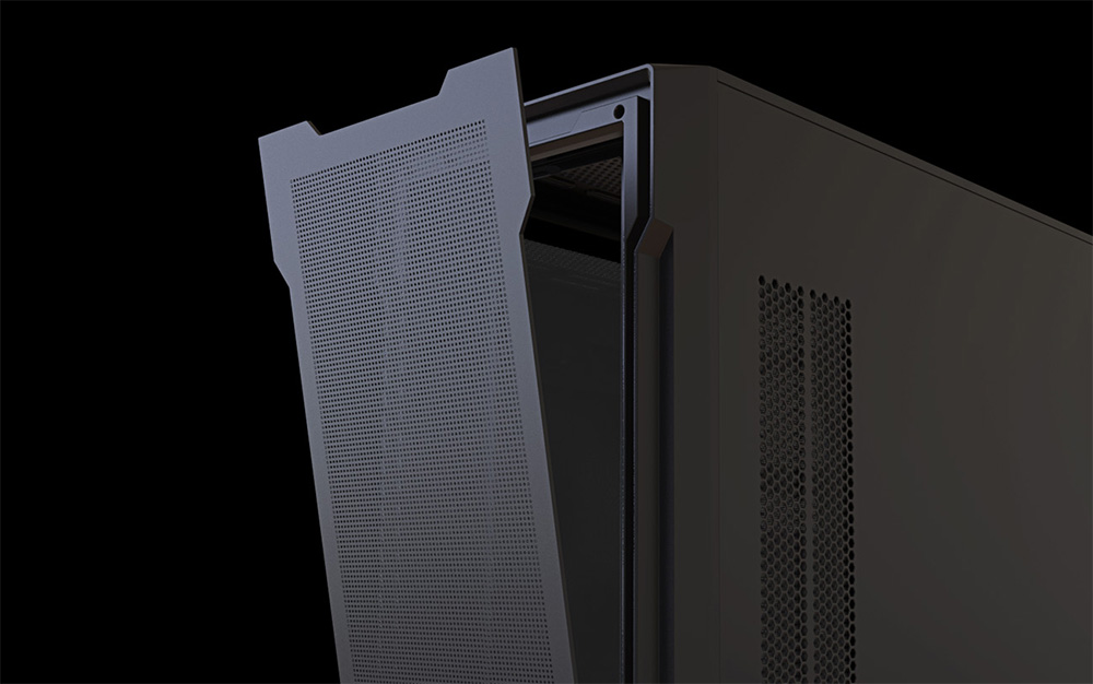Panel frontal del Gabinete Gigabyte C102 GLASS parcialmente removido, mostrando su diseño perforado y estructura interna para mejorar el flujo de aire.