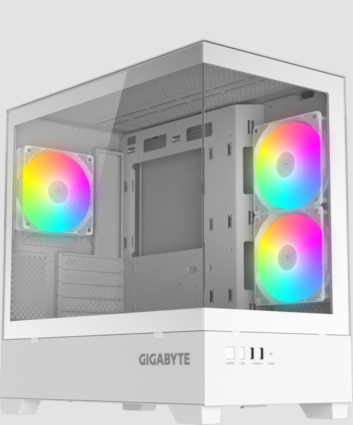 Vista angular frontal del gabinete Gigabyte C201 PANORAMIC (GB-C201P) de color negro, mostrando el panel de vidrio templado lateral y frontal, con tres ventiladores ARGB preinstalados, dos en el lateral y uno en la parte trasera, y los puertos USB y de audio en la parte frontal inferior.