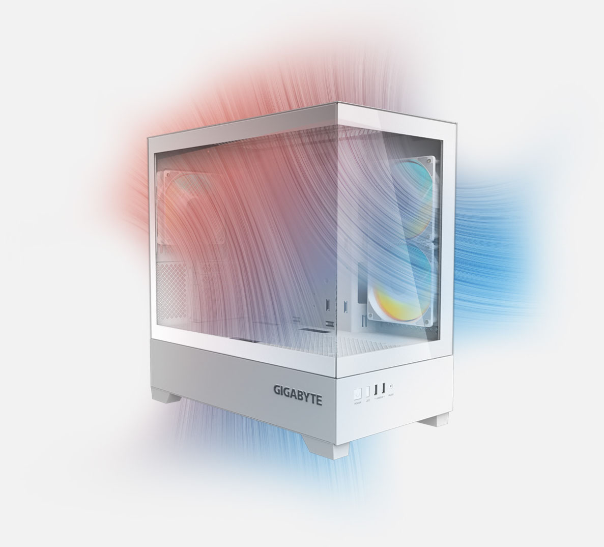 Gabinete Gigabyte C201 PANORAMIC ICE, de color Blanco, con panel lateral y frontal de vidrio templado mostrando un flujo de aire simulado en colores violeta y azul que entra desde el inferior y el lateral derecho y sale por la parte trasera y superior.