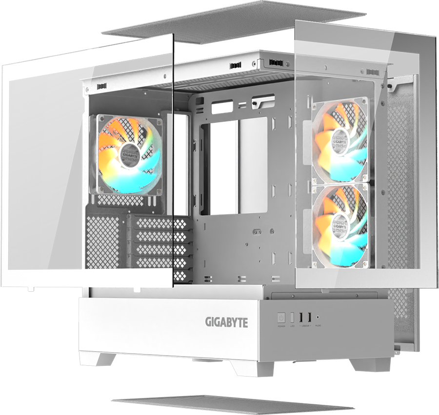 Vista de despiece del gabinete Gigabyte C201 PANORAMIC ICE (GB-C201PI) en color blanco, mostrando sus componentes separados: los dos paneles de vidrio templado (frontal y lateral), la tapa superior con filtro antipolvo, el cuerpo principal con tres ventiladores ARGB preinstalados y un filtro antipolvo inferior.