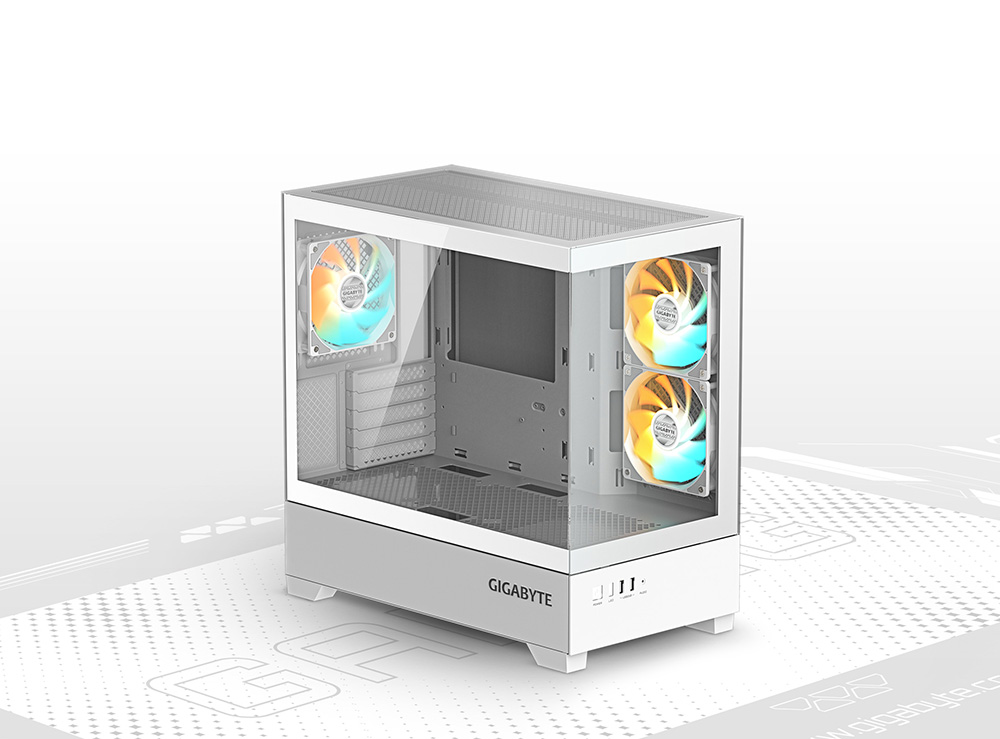 Vista frontal y lateral del gabinete Gigabyte C201 PANORAMIC ICE (GB-C201PI) de color blanco, destacando los paneles de vidrio templado, con dos ventiladores ARGB montados lateralmente y uno ARGB en la parte trasera.