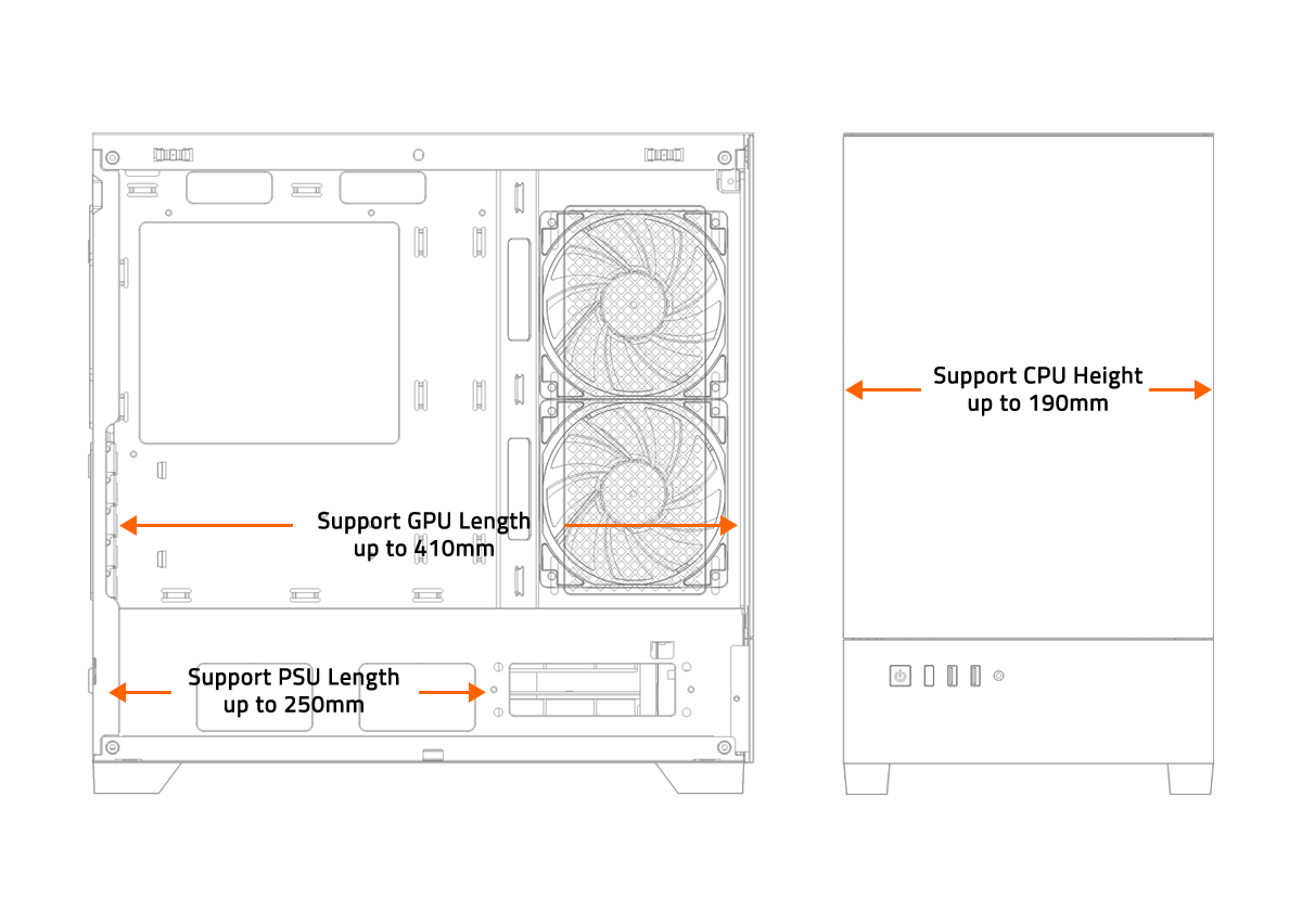 Diagrama técnico del Gabinete Gigabyte C201 PANORAMIC ICE indicando compatibilidad con GPU de hasta 410 mm, PSU de hasta 250 mm y disipador de CPU de hasta 190 mm de altura.