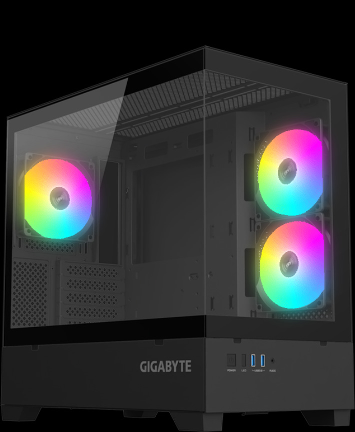Vista angular frontal del gabinete Gigabyte C201 PANORAMIC (GB-C201P) de color negro, mostrando el panel de vidrio templado lateral y frontal, con tres ventiladores ARGB preinstalados, dos en el lateral y uno en la parte trasera, y los puertos USB y de audio en la parte frontal inferior.