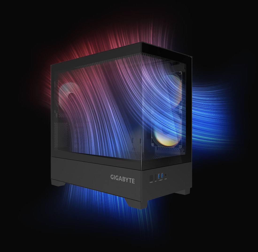 Gabinete Gigabyte C201 PANORAMIC, de color negro, con panel lateral y frontal de vidrio templado mostrando un flujo de aire simulado en colores violeta y azul que entra desde el inferior y el lateral derecho y sale por la parte trasera y superior.