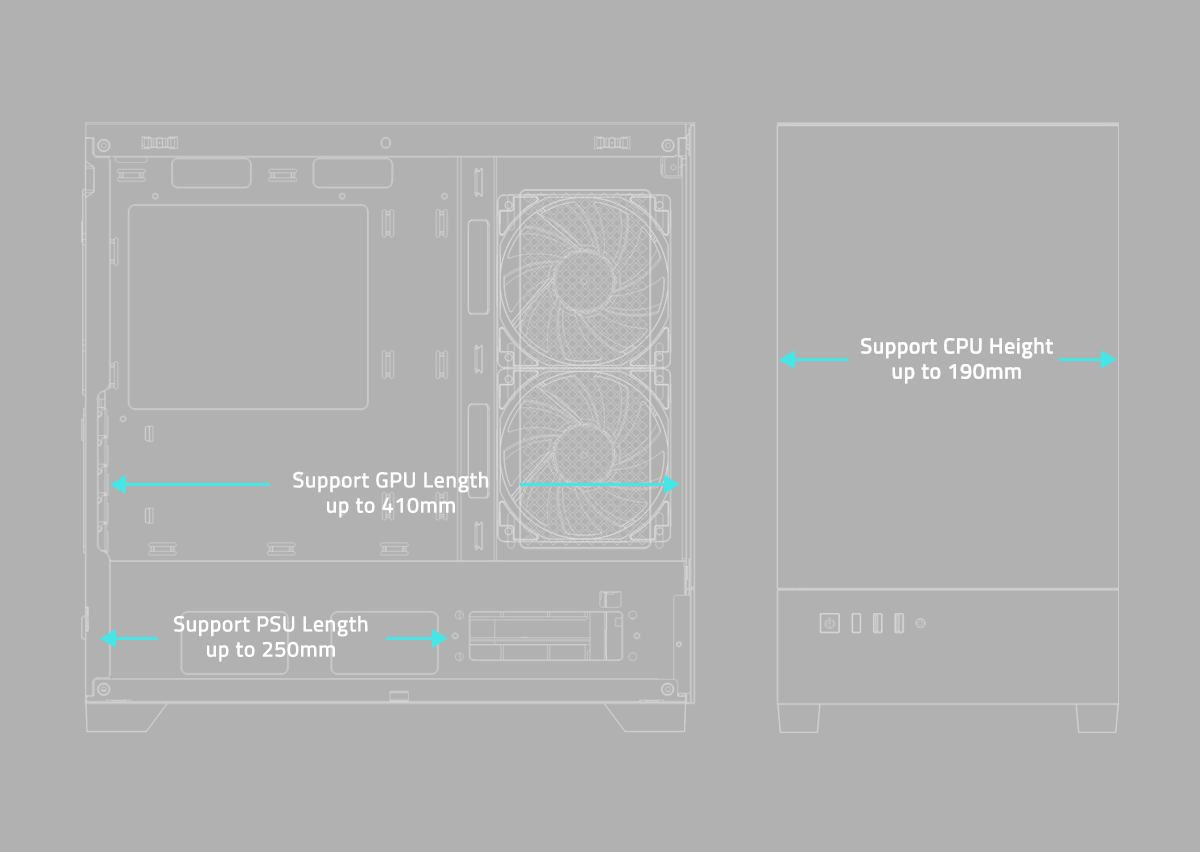 Diagrama técnico del Gabinete Gigabyte C201 PANORAMIC indicando compatibilidad con GPU de hasta 410 mm, PSU de hasta 250 mm y disipador de CPU de hasta 190 mm de altura.