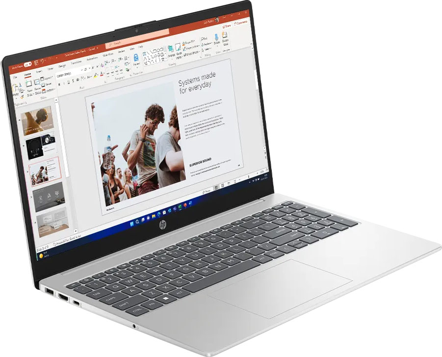 Notebook HP 15-fd0331la plateada abierta con una presentación en la pantalla