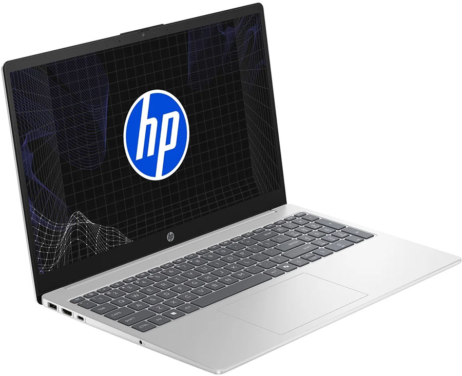 Notebook HP 15-fd1258la plateada abierta, vista desde el lado izquierdo