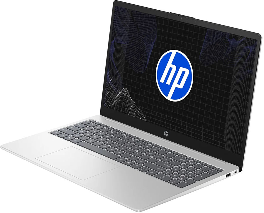 Notebook HP 15-fd1258la plateada abierta, vista desde el lado derecho