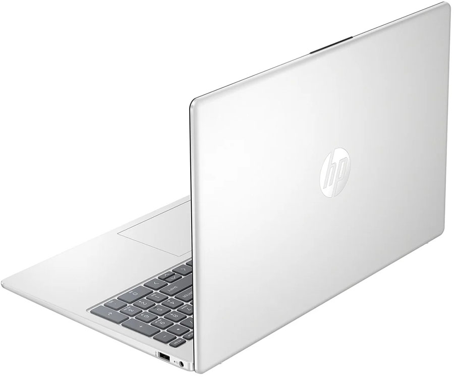 Notebook HP 15-fd1258la plateada abierta, vista desde atrás