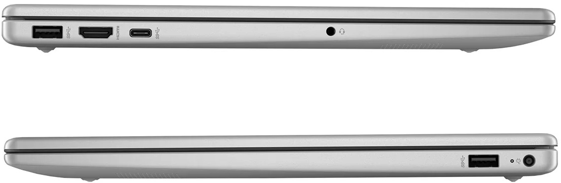Vistas laterales de la notebook HP 15-fd1258la con puertos USB-A, USB-C, HDMI, audio y alimentación