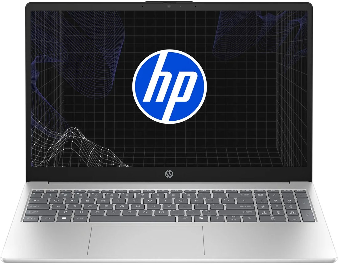 Vista frontal de la notebook HP 15-fd1258la plateada, abierta con el logo HP en pantalla