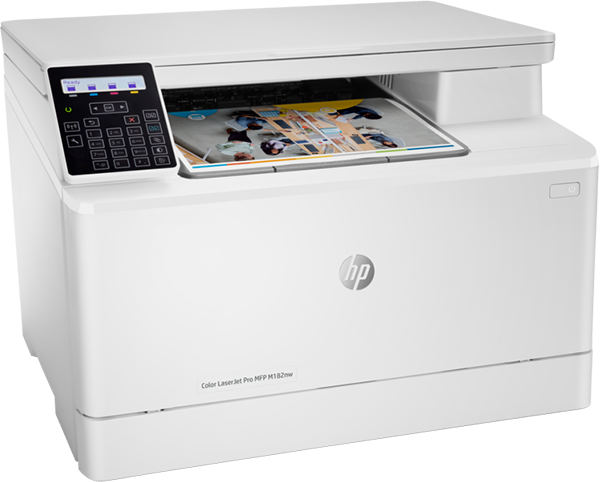 Vista frontal izquierda de la Impresora HP Color LaserJet Pro MFP M182nw (7KW55A)