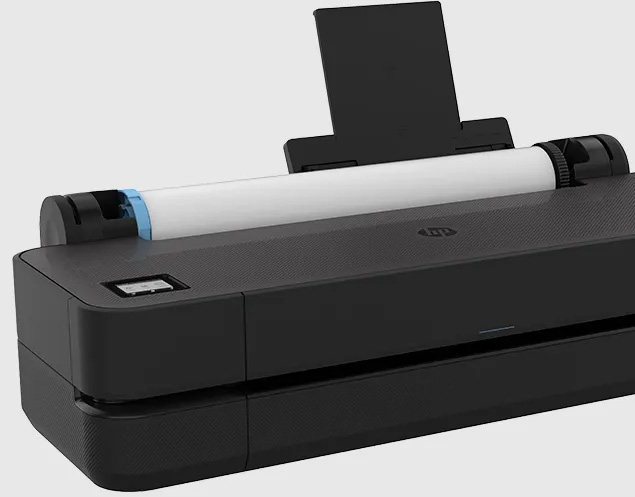 Plotter HP DesignJet T250 de 24 pulgadas negro con rollo de papel para imprimir planos.