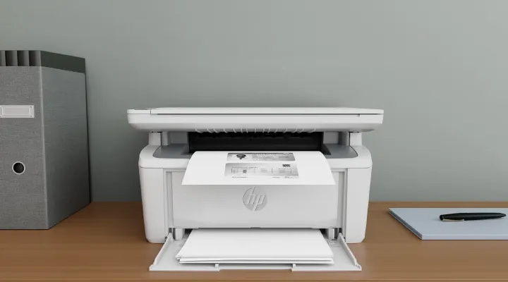 Impresora láser HP M141W, compacta y blanca, imprimiendo una página en un escritorio.