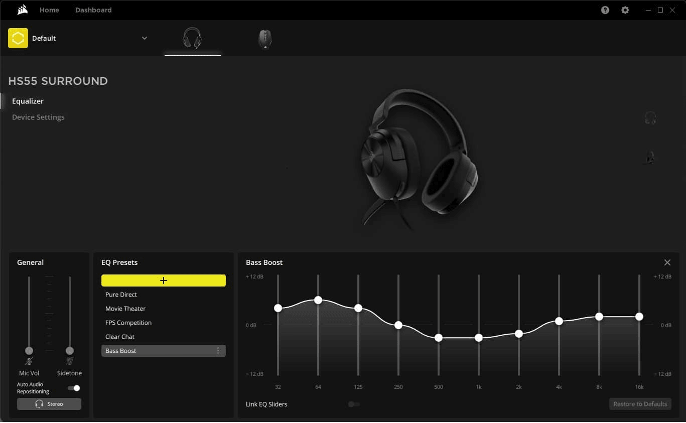 Captura de pantalla del software Corsair iCue para HS55 SURROUND para personalizar y controlar el audio y el tono local.