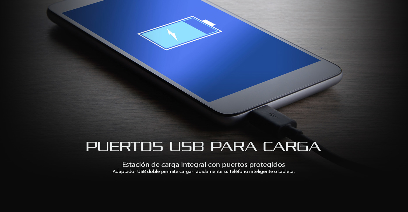 Puertos USB para carga. Estación de carga integral con puertos protegidos. Adaptador USB doble permite cargar rápidamente su teléfono inteligente o tableta