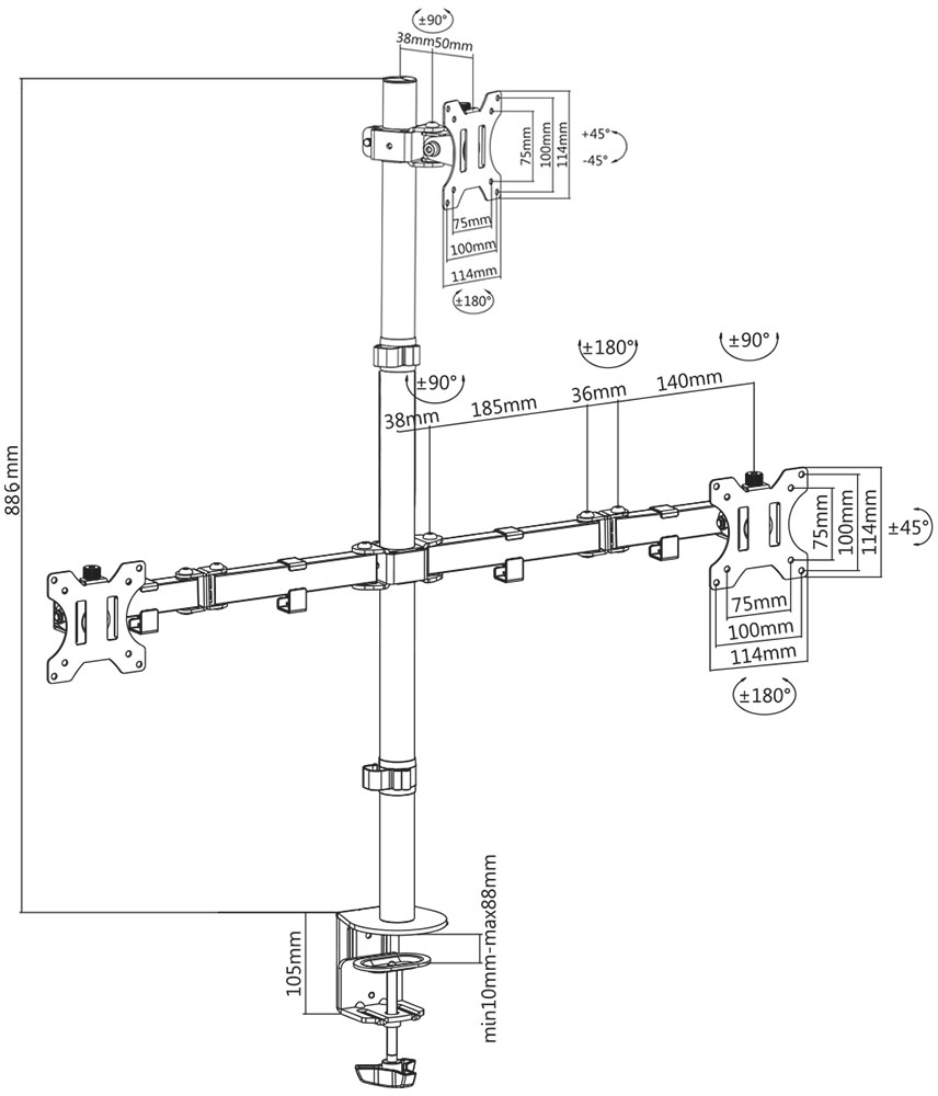 Plano de dimensiones y medidas del Soporte de escritorio Intelaid IT-DB21E