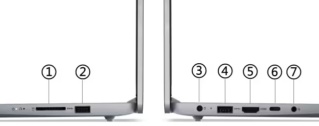 Vistas laterales de la Notebook Lenovo IdeaPad Slim 3 15IAH8 enumerando los puertos del 1 al 7