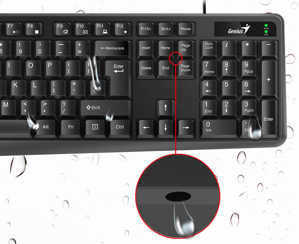 Detalle del teclado Genius KB-117 color negro, Resistente a derrames