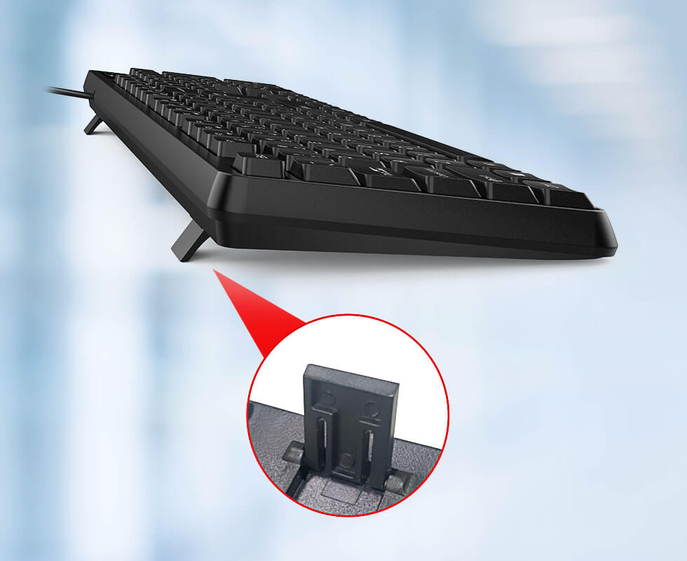 Detalle de la Cómoda pata inclinada del teclado Genius KB-117 color negro