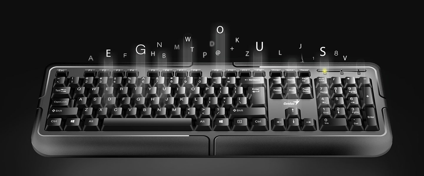 Un teclado Genius KB-118 color negro, sobre un fondo negro. Las letras de las teclas están iluminadas y flotan sobre ellas, creando un efecto tridimensional.